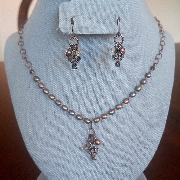 Celtic Cross Necklace & Earrings Set, Antique Bronze, 19-20" - Picture 1 of 5